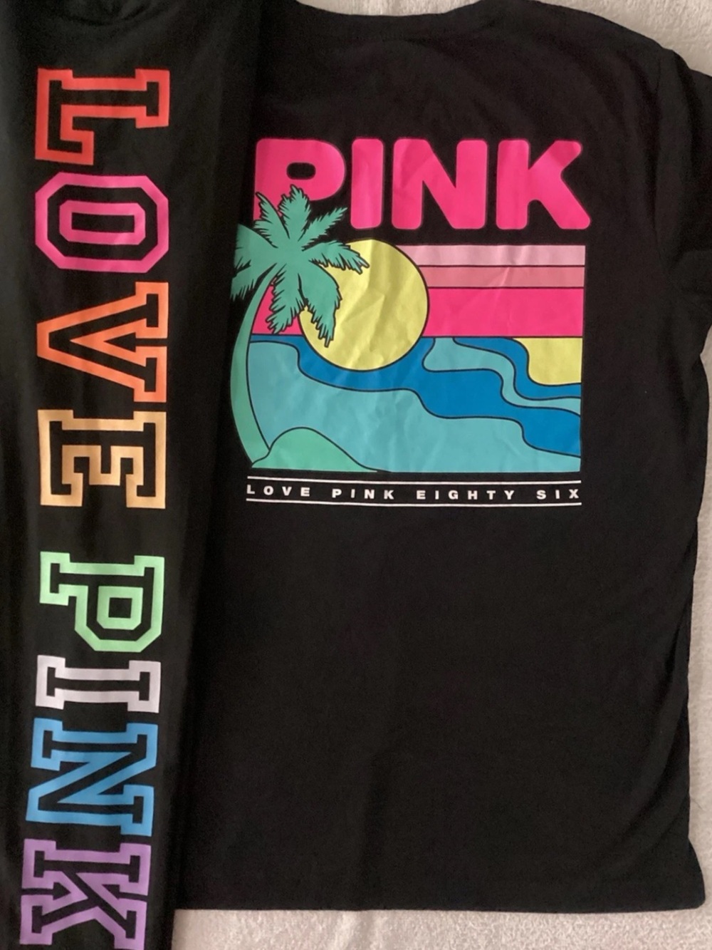 Victoria’s Secret LOVE PINK Tropical Palm Sunset Shirt M Rainbow Leggings L NWT